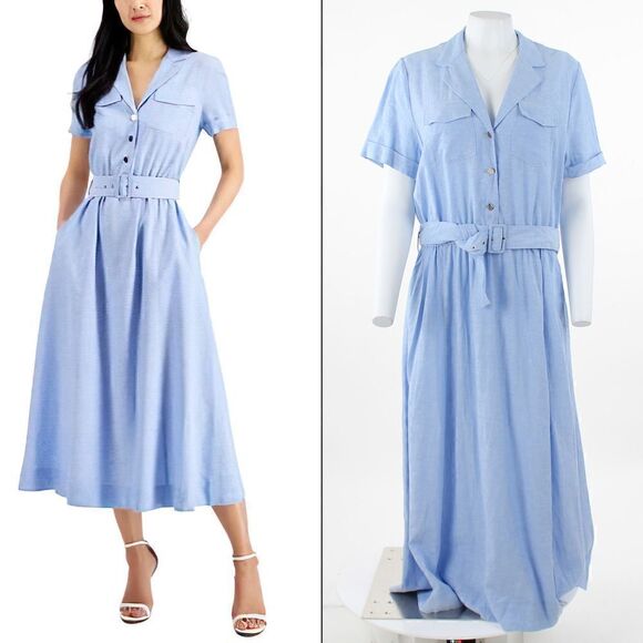 Anne Klein Women's Chambray Belted Shirtdress - Blue Lilly - Picture 1 of 5